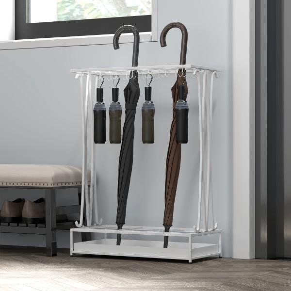 Suporte para Guarda - Chuva Moderno Retangular com 24 Ganchos 21 Espaços e Bandeja Recolhedora de Gotas 50x24x68 cm Branco