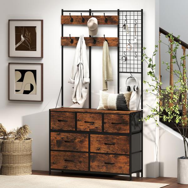 Suporte para Cabides Móvel de Arrumação com Sapateira 14 Ganchos 7 Gavetas de Tecido e Prateleira 100x30x183 cm Castanho Rústico