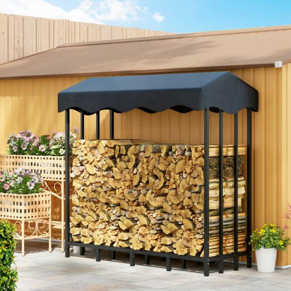 Suporte para Lenha com Cobertura Estante para Lenha de Metal com Estrutura Reforçada e Anéis de Bloqueio 143x70x145 cm Preto