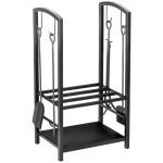 Suporte para Lenha de 2 Níveis Porta Lenha Exterior e Interior Metálico com 4 Ferramentas para Lareira Carga Máx. 100kg 40x30x74,5cm Preto