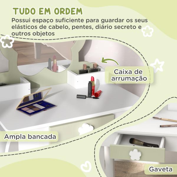 Toucador Crianças com Espelho e Banco Toucador de Maquilhagem para Crianças de 3 - 6 Anos 55x34x87,5 cm Branco e Verde Pastel