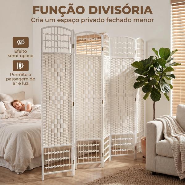 Biombo Separador de Ambientes de 6 Painéis Dobrável em Corda de Papel 160x170 cm Decoração para Quarto Branco