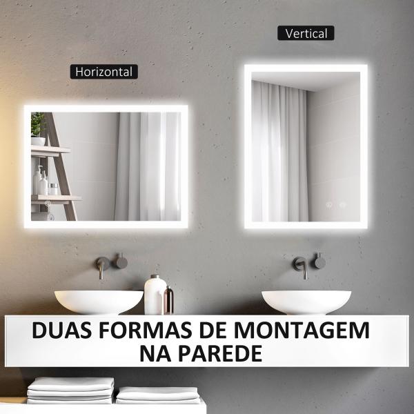 Espelho Casa de Banho com Luzes LED 70x50 cm Função Antiembaciamento 3 Cores Função de Memória e Interruptor Tátil Prata