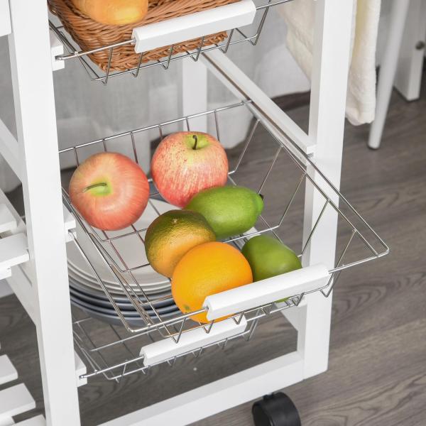 Carrinho de cozinha multifuncional com gavetas Cestas Prateleiras de especiarias Toalheiro Rodas 92x37x82 cm Branco