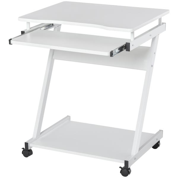 Mesa de Computador com Rodas 60x48 cm com Gaveta Deslizante para Teclado e Prateleira Inferior Estrutura Metálica Branca