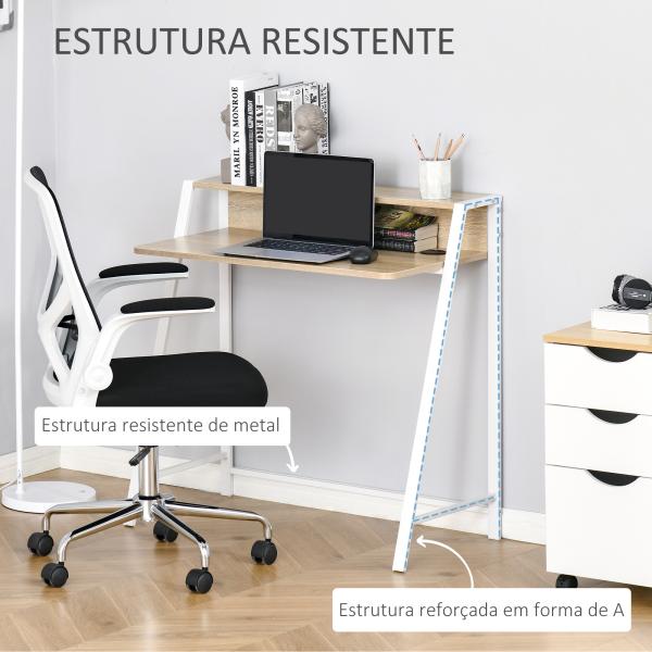 Secretária Mesa de Computador 84x45x85cm com Bancada de Madeira e Pés de Metal Estilo Moderno Carvalho e Branco