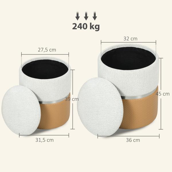 Conjunto de 2 Puffs de Armazenamento Estofados em Chenille e PU Assento Acolchoado para Entrada Quarto ou Sala Castanho e Creme