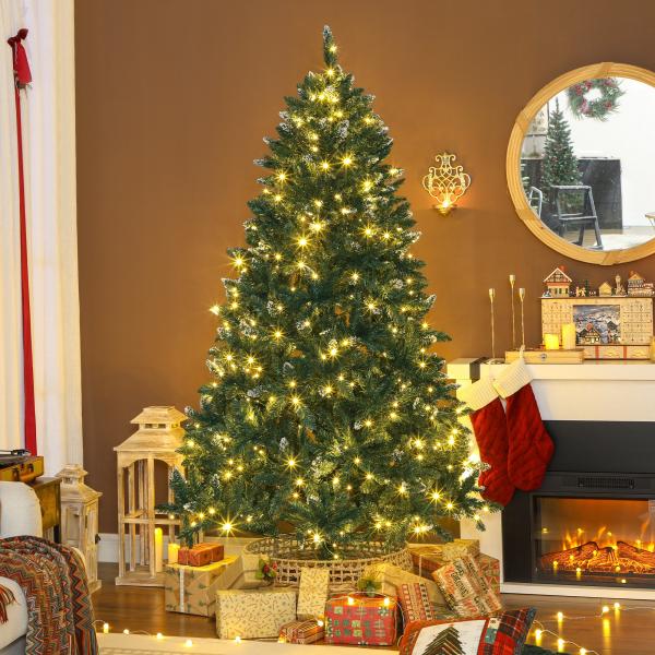 Árvore de Natal 210 cm com Luzes LED 9 Modos de Iluminação 1160 Ramos e Neve Artificial Verde
