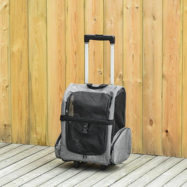 Transportadora Carrinho para Animais de Estimação 2 em 1 Mochila de Viagem com 2 Rodas para Cães Gatos com Alça Retrátil de Alumínio e Bolso de Armazenamento 42x25x55cm Cinza