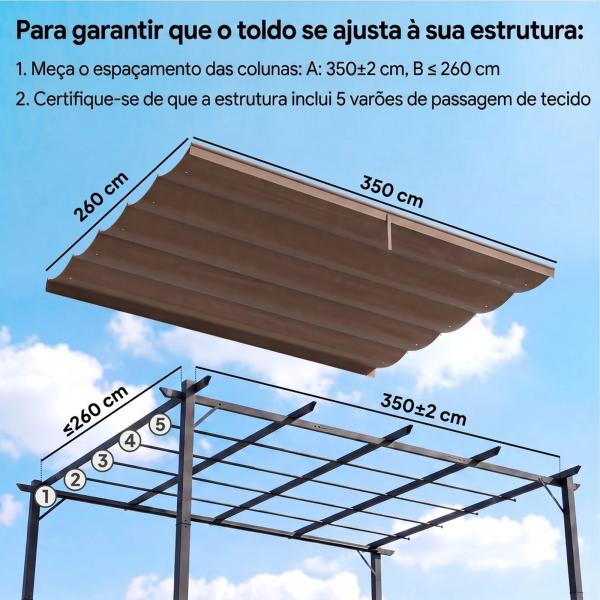 Cobertura para Pérgola 3,5x2,5 m Teto de Substituição Retrátil para Pérgola com 10 Orifícios de Drenagem Café