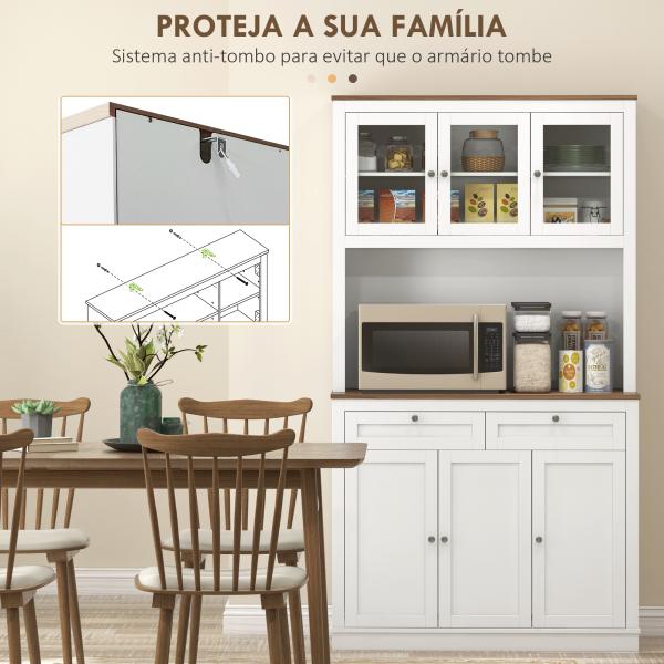 Armário de Cozinha com 3 Portas de Vidro Compartimento Aberto 2 Gavetas e Prateleiras Ajustáveis 100x40x180 cm Branco