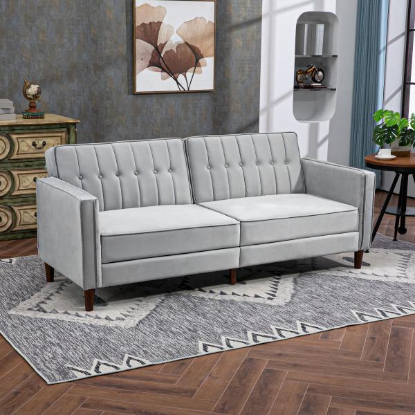 Sofá de 2 Lugares Convertível em Cama de Estofado Aveludado com Encosto Ajustável para Sala 189x80,5x78,5 cm Cinza Claro