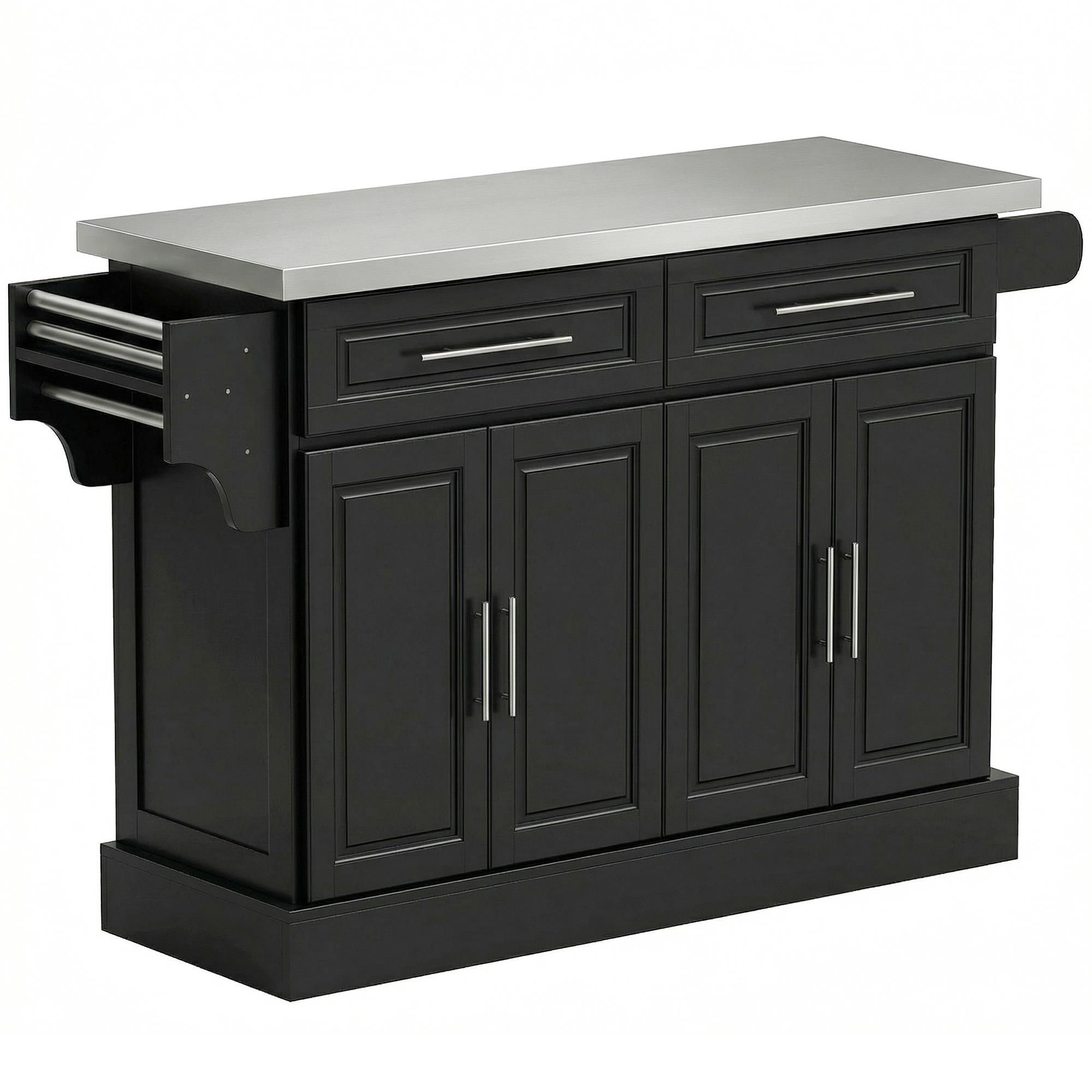 Ilha de Cozinha com Rodas Bancada de Aço Inoxidável 2 Gavetas 4 Portas e 2 Prateleiras Ajustáveis 145x45x93 cm Preto