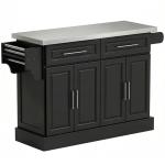 Ilha de Cozinha com Rodas Bancada de Aço Inoxidável 2 Gavetas 4 Portas e 2 Prateleiras Ajustáveis 145x45x93 cm Preto