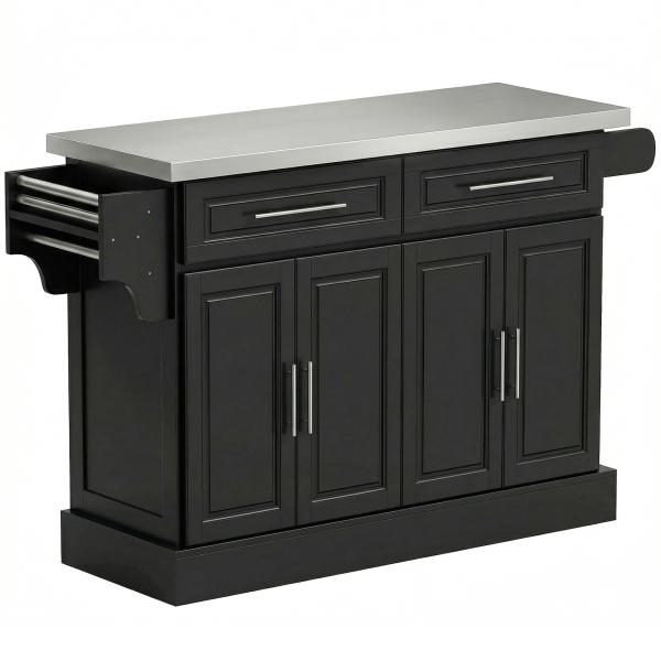 Ilha de Cozinha com Rodas Bancada de Aço Inoxidável 2 Gavetas 4 Portas e 2 Prateleiras Ajustáveis 145x45x93 cm Preto
