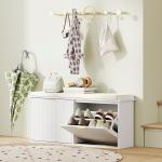 Banco Sapateira Móvel Sapateira Estreito com Assento Estofado 2 Caixas Rebatível e Painel de Ripas 104x26x47,5 cm Branco
