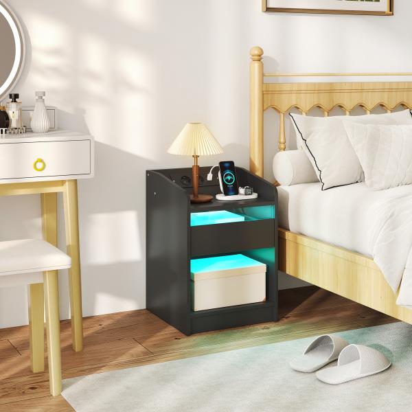 Mesa de Cabeceira com Luzes LED Gaveta Prateleira Estação de Carregamento Entrada USB e Controlo Remoto 40x40x58 cm Branco