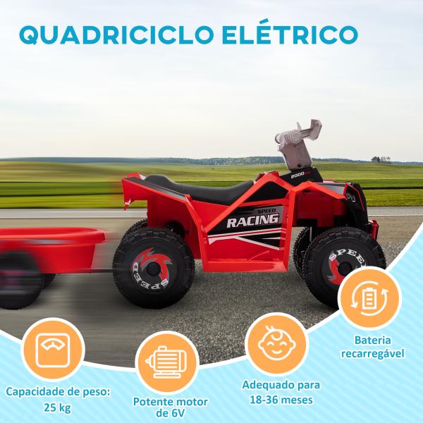 Quadriciclo Elétrico para Crianças com Reboque Bateria 6V de 18 - 36 Meses com Velocidade 2,5 km/h 106x41,5x48,5 cm Vermelho
