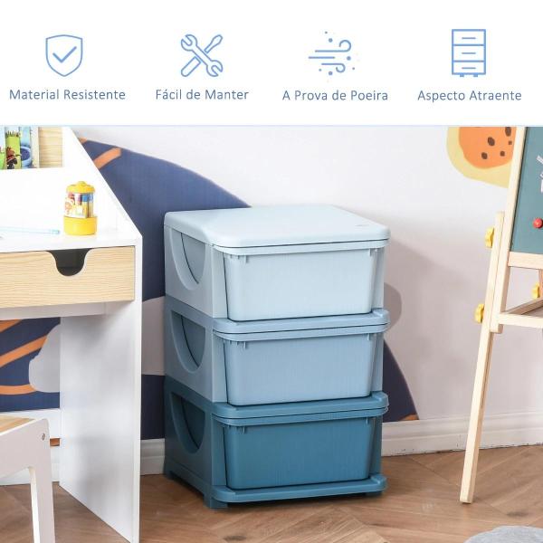 Organizador de Brinquedos Infantil para crianças acima de 3 anos com 3 Gavetas e Alças amplo espaço de armazenamento para Roupas Livros brinquedos 37x37x56,5 cm Azul