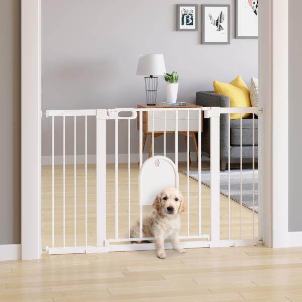 Barreira de Segurança de Animais de Estimação para Escadas e Portas com Aberturas de 75 - 131 cm com 3 Extensões Branco