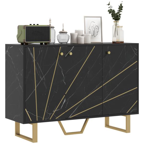 Aparador de Sala de Estar com 2 Armários e Prateleira Interior Ajustável com Efeito Mármore 107x35x75 cm Preto e Dourado