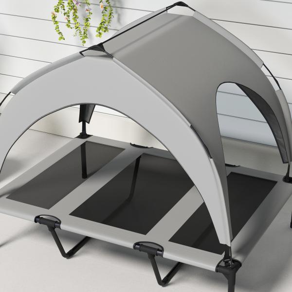 Cama Elevada para Cães com Toldo Estrutura de Aço e Bolsa de Transporte para Interior e Exterior 106x76x94 cm Cinzento Claro