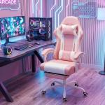 Cadeira Gaming Reclinável 155° com Suporte Lombar com Massagem Apoio de Cabeça e Apoio para os Pés 63x66x126 - 134 cm Rosa