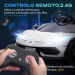 Carro Elétrico Lamborghini para Crianças 12V Velocidade Máxima 5km/h Controlo Remoto MP3 Luzes e Cinto de Segurança 107,5x63x42 cm Branco