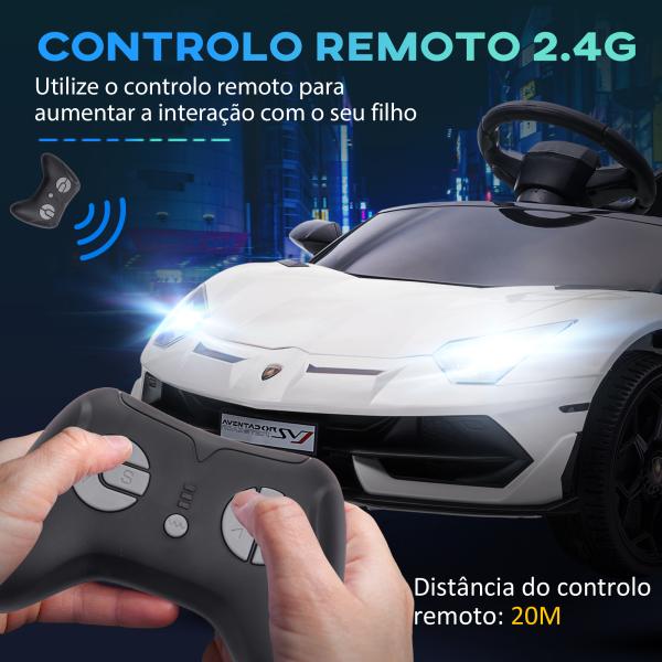 Carro Elétrico Lamborghini para Crianças 12V Velocidade Máxima 5km/h Controlo Remoto MP3 Luzes e Cinto de Segurança 107,5x63x42 cm Branco