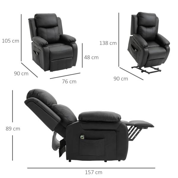 Poltrona Relax Levanta Pessoas com Controle Remoto Reclinação Elétrica de 160° Apoio para os Pés Encosto Estofado em PU e Bolsos Laterais 76x90x105cm Preto