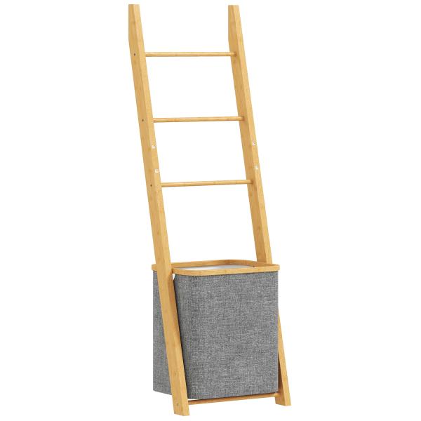 Estante para Casa de Banho de Bambu com 3 Barras e Cesto para Roupa Suja Removível de 48 L 43x35x133 cm Cinzento