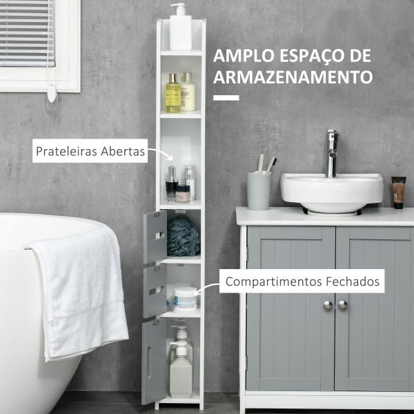 Coluna Casa de Banho com 3 Portas e 3 Prateleiras Abertas Coluna Auxiliar Estilo Moderno 15x17x120cm Branco e Cinza