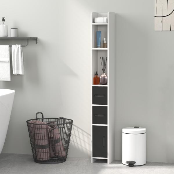 Coluna Casa de Banho com 3 Portas e 3 Prateleiras Abertas Coluna Auxiliar Estilo Moderno 15x17x120 cm Branco e Preto