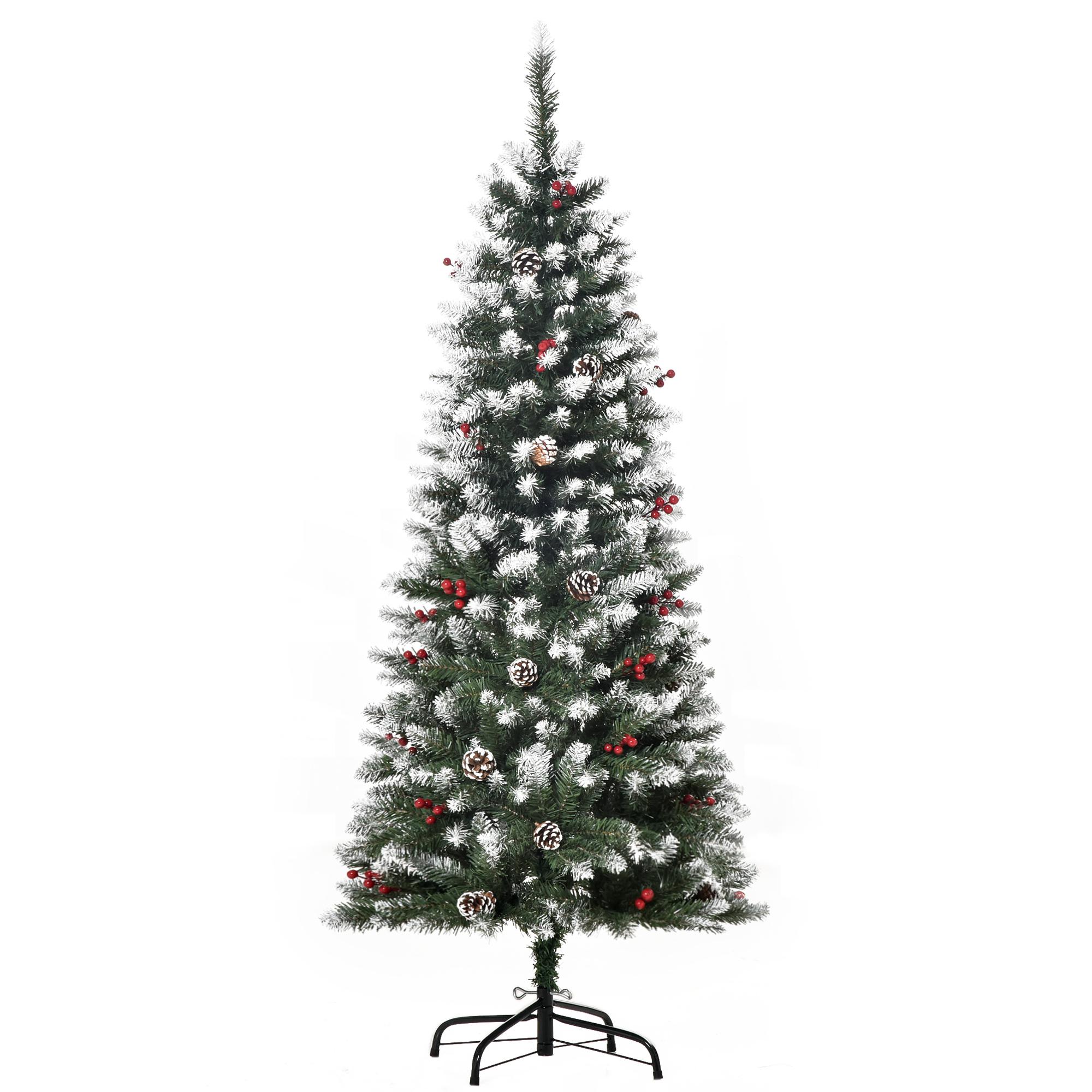 Árvore de Natal Artificial 150cm com 408 Ramos 28 Bagas 24 Pinhas Folhas de PVC e Suporte Metálico para Interiores Verde