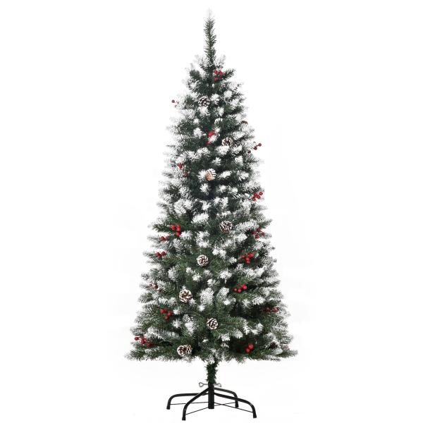 Árvore de Natal Artificial 150cm com 408 Ramos 28 Bagas 24 Pinhas Folhas de PVC e Suporte Metálico para Interiores Verde