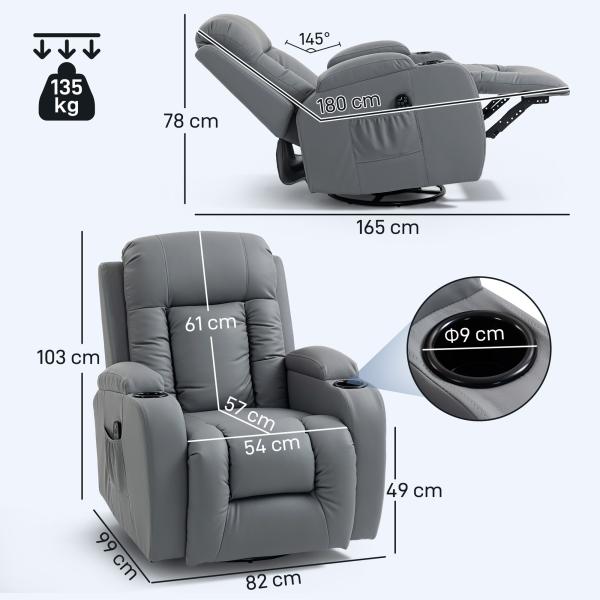 Poltrona de Massagem Giratória Poltrona Relax Reclinável com 8 Pontos de Massagem Função de Aquecimento 82x99x103 cm Cinzento