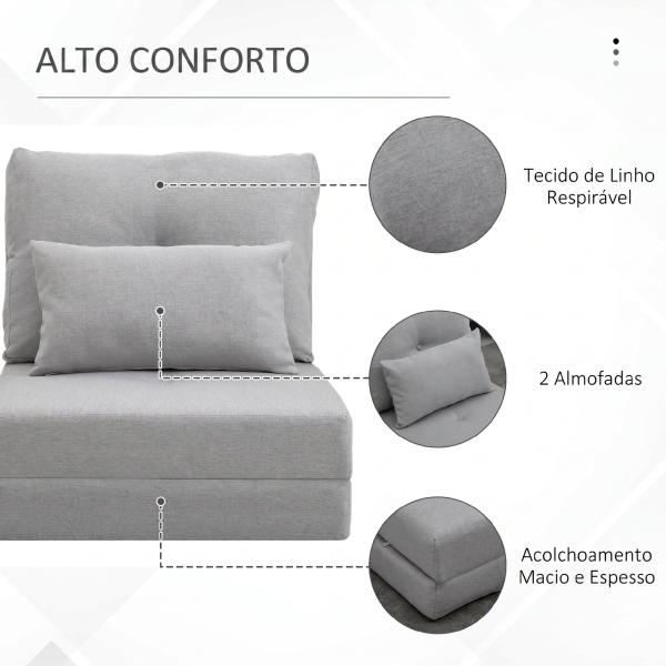 Sofá - Cama Individual Dobrável Revestido em Linho com Encosto Ajustável 5 Posições 1 Almofada Cinzento Claro
