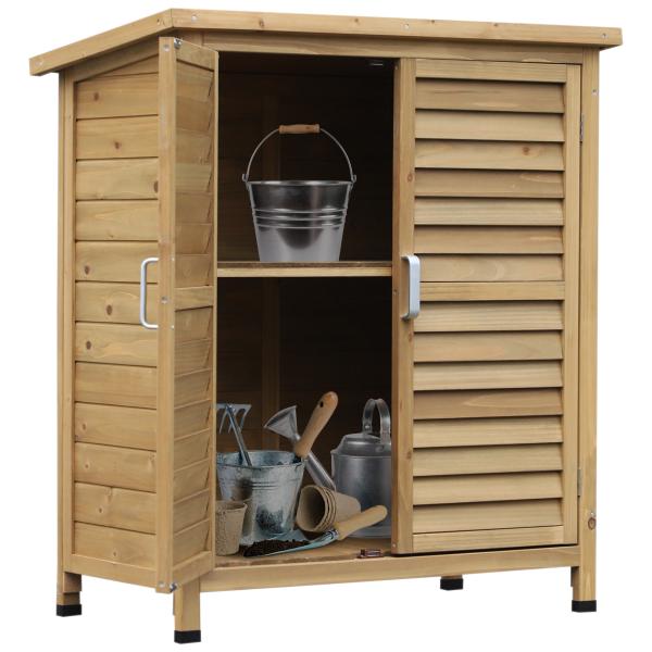 Armário de Armazenamento de Madeira para Jardim com 2 Prateleiras Interiores 2 Portas e Teto Inclinado para Exterior Terraço 87x46,5x96,5cm Natural