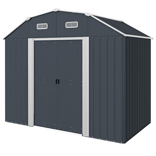 Abrigo de Jardim 2,7 m² 238x132x198,5 cm com Base Prateleiras Ajustáveis 2 Portas e 2 Janelas de Ventilação Cinza Escuro