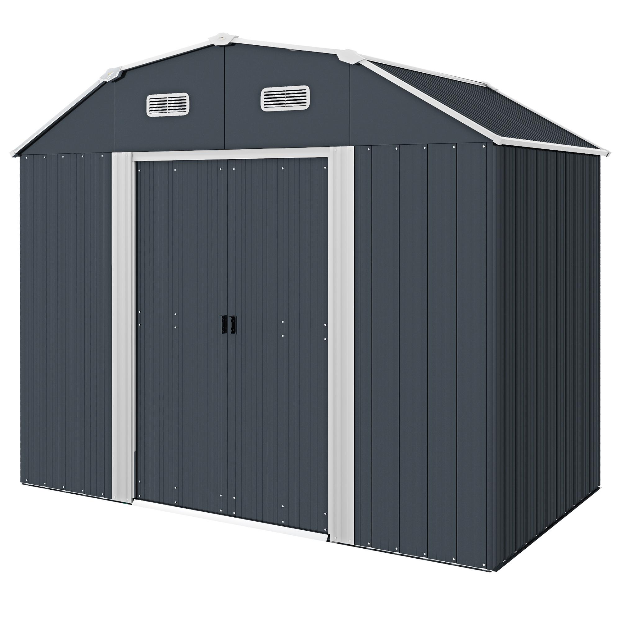 Abrigo de Jardim 2,7 m² 238x132x198,5 cm com Base Prateleiras Ajustáveis 2 Portas e 2 Janelas de Ventilação Cinza Escuro