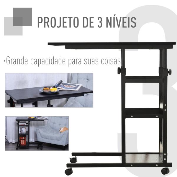 Mesa Lateral para Sofá Mesa lateral em Forma de C com 4 rodas Giratórias Freios Altura Ajustável 3 níveis Estrutura Metálica 80x40x72 - 82cm Preto