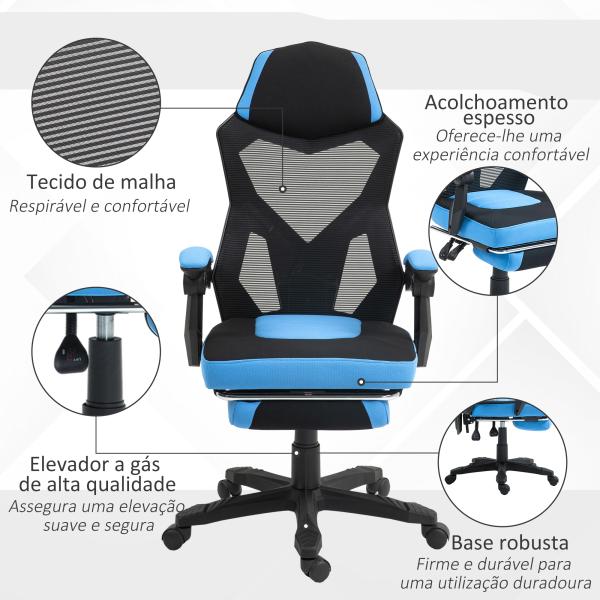 Cadeira de Escritório Ajustável em Altura Cadeira para Secretária Giratória de 360° Reclinável até 135° 58x72x108 - 118 cm Azul