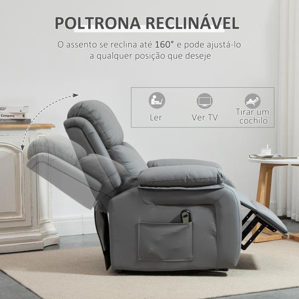Poltrona Relax Levanta Pessoas com Controle Remoto Reclinação Elétrica de 160° Apoio para os Pés Encosto Estofado em PU e Bolsos Laterais 76x90x105 cm Cinza