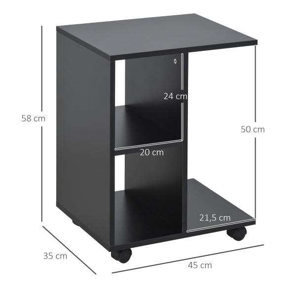 Mesa Auxiliar Moderna Mesa Auxiliar em Forma de C com Rodas e Prateleiras Abertas 45x35x58 cm Preto