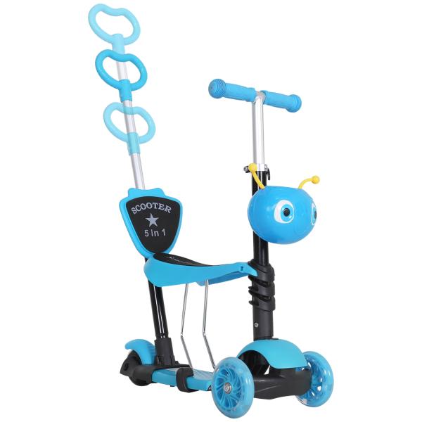 Trotinete 5 em 1 para Crianças com 3 Rodas Assento Removível e Guiador Ajustável Carga Máxima 50 kg 62x25x72,5 cm Azul