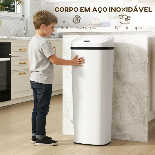 Balde de Lixo Automático 50L Estreito em Aço Inoxidável com Sensor Infravermelhos Modo Manual 33x25x84 cm Branco
