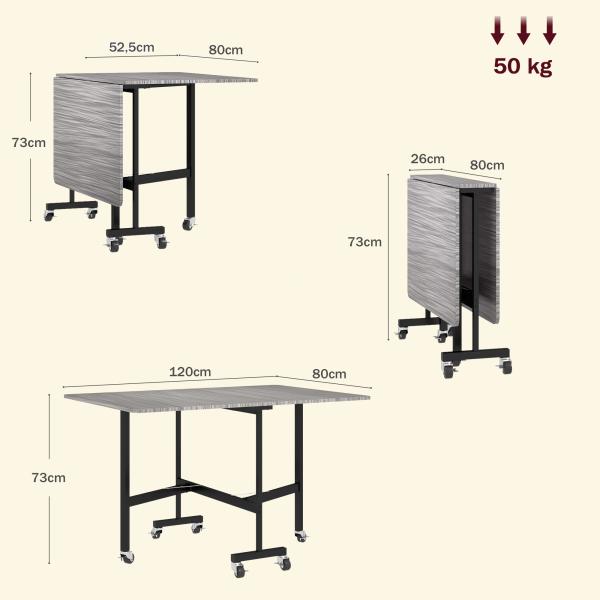 Mesa de Jantar Dobrável para 4 - 6 Pessoas com Rodas e Abas Rebatíveis para Cozinha 120x80x73 cm Cinzento