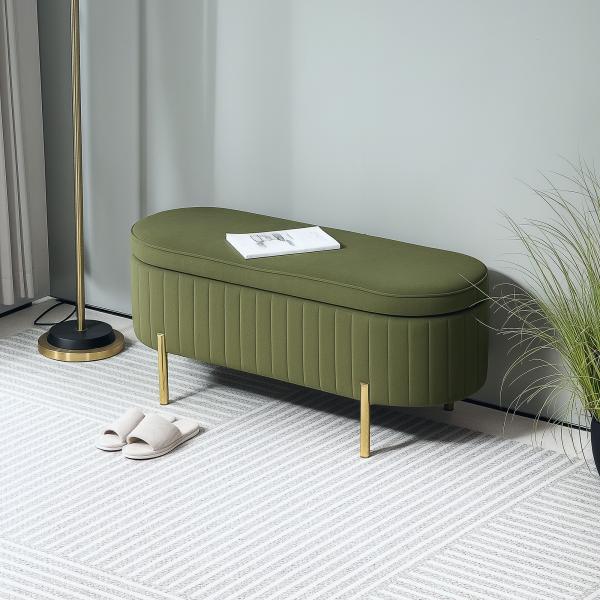 Banco de Cama com Arrumação em Veludo, Pés Dourados e Design Oval Elegante, 108x44x43,5 cm, Verde Escuro