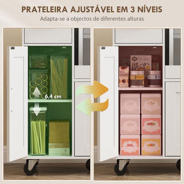 Móvel Auxiliar de Cozinha com Rodas para Microondas com Bandeja Deslizante Gaveta 3 Portas Prateleira Ajustável 80x40x88,7 cm Branco