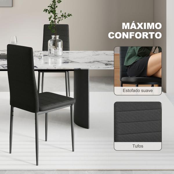 Conjunto de 6 Cadeiras de Sala de Jantar Estofadas em Linho com Pernas em Metal Cadeiras Modernas para Cozinha Quarto Suporta até 120 kg 41x50x97 cm Preto